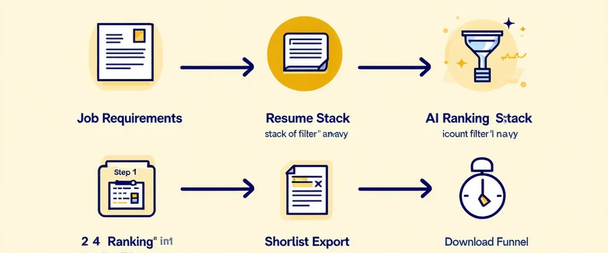 Workflow diagram showing the four-step Hirefathom process: job description input, resume upload, AI ranking, and recruiter export